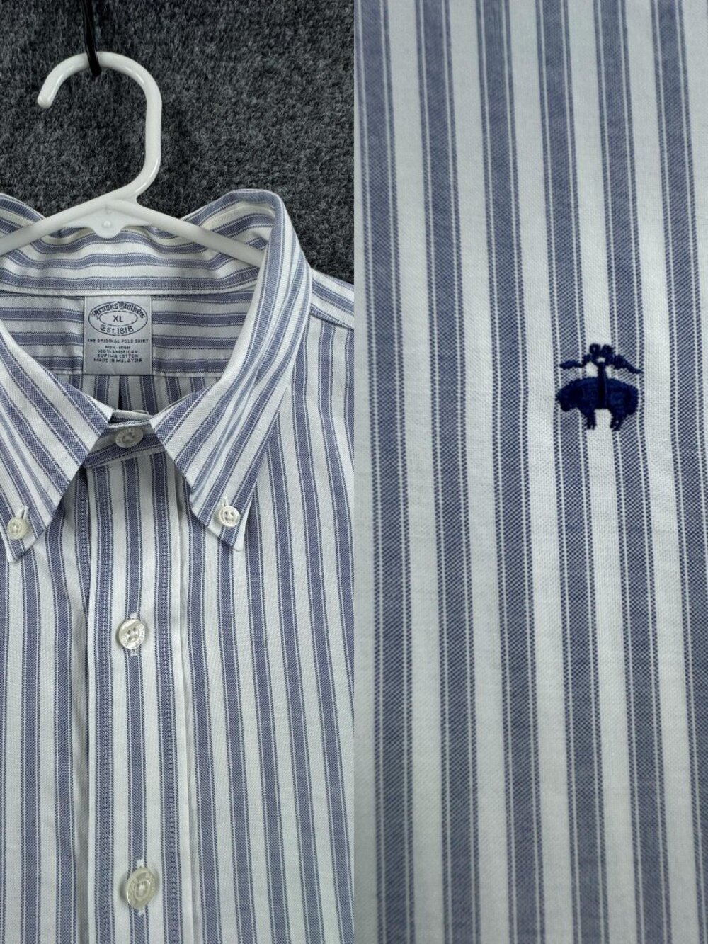 Brooks Brothers Oxford OCBD Non-Iron White Blue Logo Striped Button-Down Mens XL